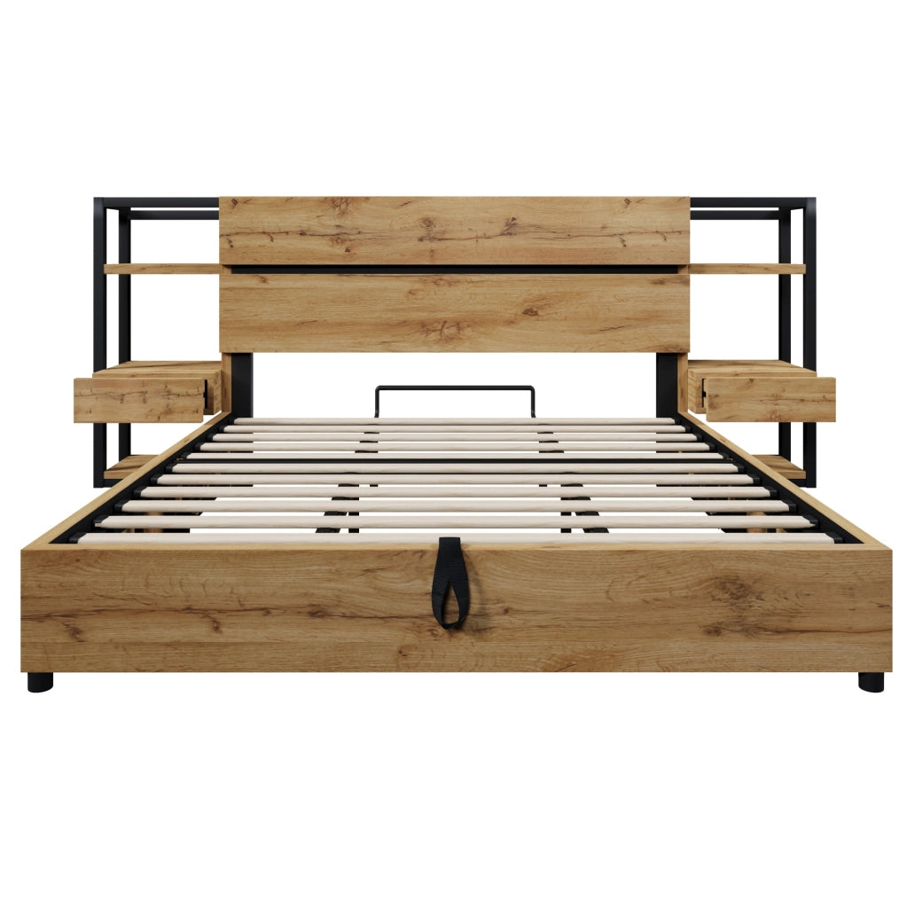 Letto matrimoniale ULEVR 180x200 cm con contenitore, comodini con cassetti e ricarica USB e Type-C, rovere