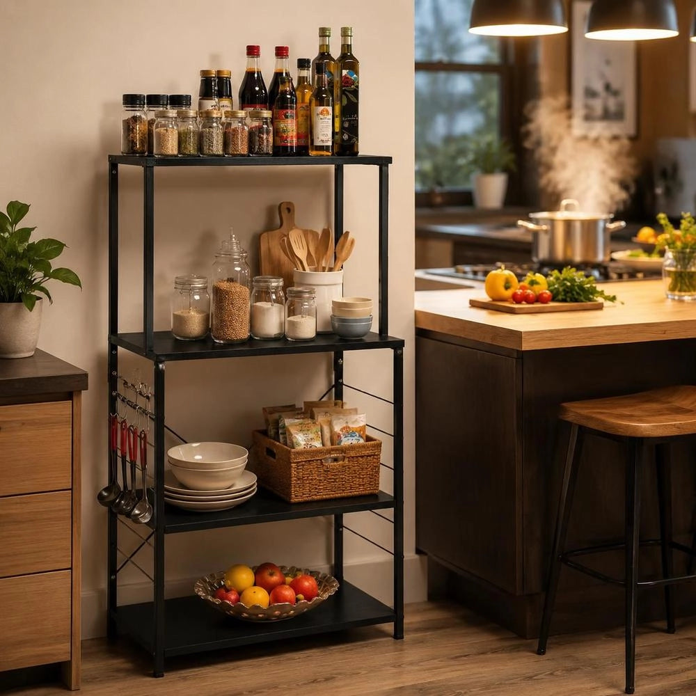 Microwave Shelf, Black, 60x39.6x123 Cm, Wood-based Material