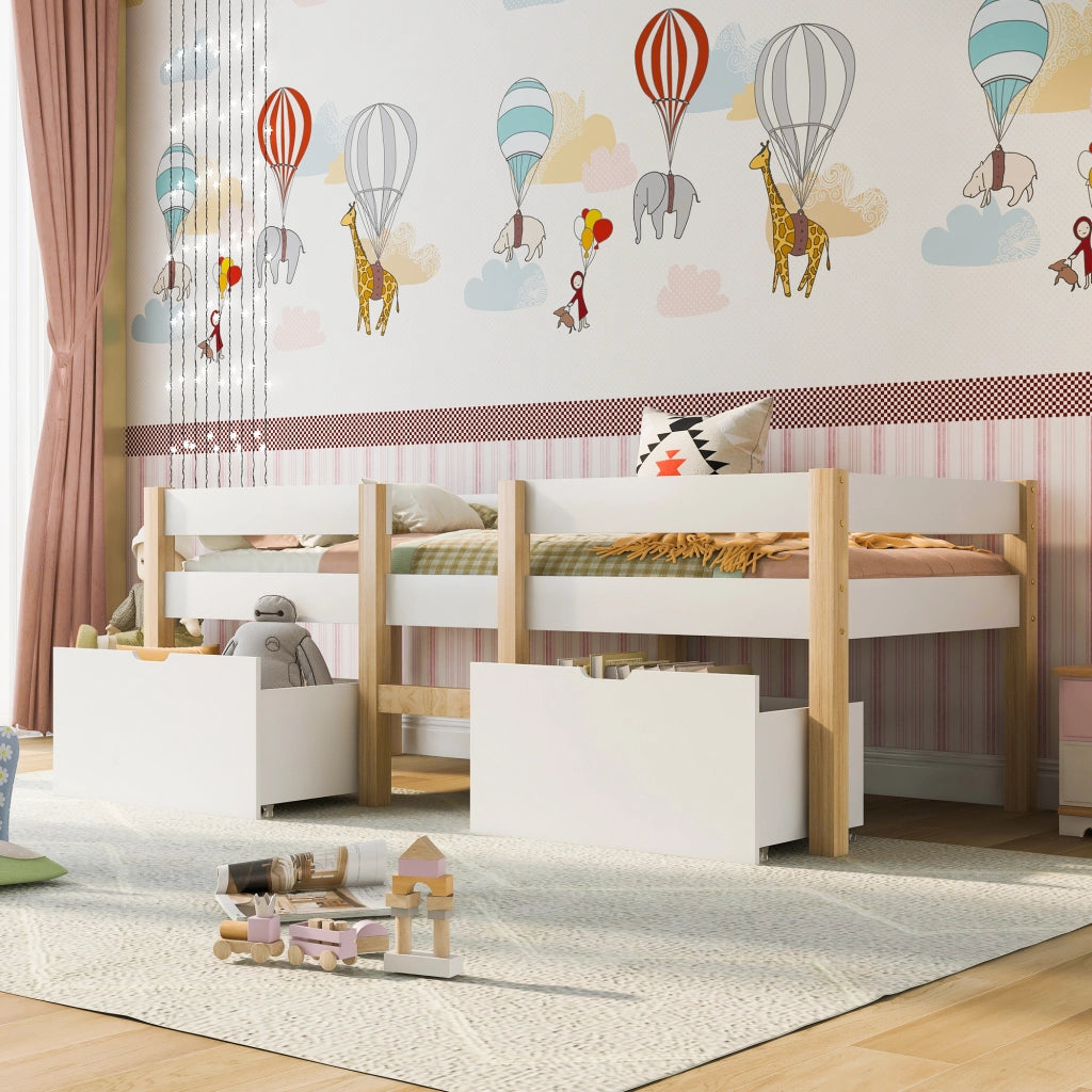 Letto per bambini semicastello in legno massello di pino 90x200 cm con cassetti, bianco