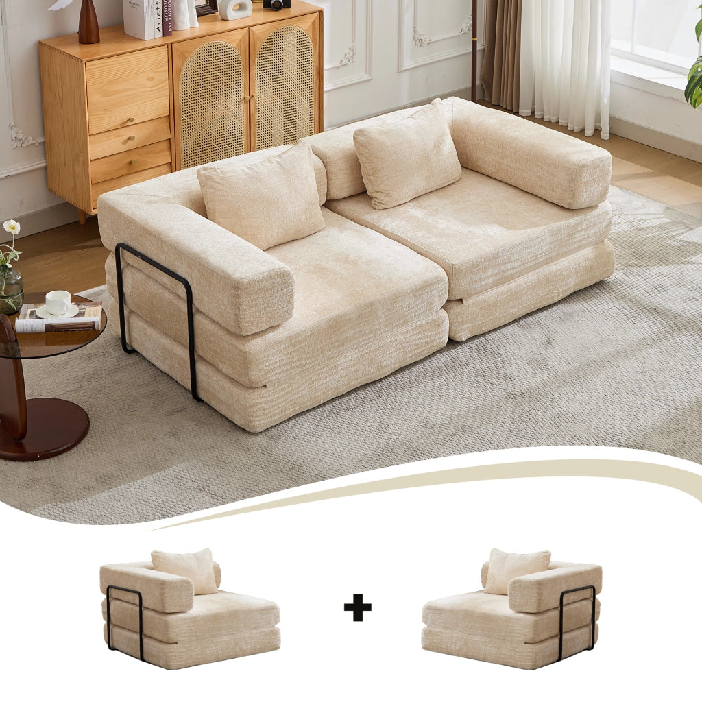 Divano letto modulare pieghevole senza montaggio in ciniglia beige per salotto camera ufficio e sala giochi