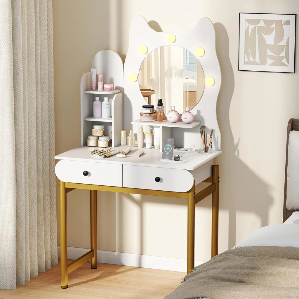 Toeletta con specchio, tavolo da trucco con luce LED a 3 colori, ripiani aperti, 2 cassetti e stazione di ricarica, a forma di gatto, 80 x 50 x 150 cm, toeletta compatta per camera da letto