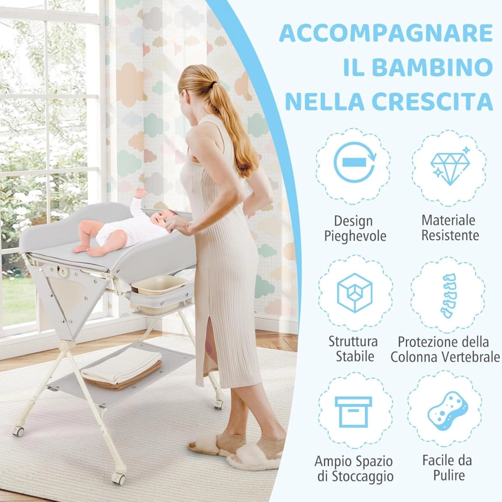 Fasciatoio Pieghevole Neonato, Fasciatoio Portatile con Altezza Regolabile a 3 Livelli, con Bacino, Cestino Portaoggetti e Cintura di Sicurezza, 4 Ruote Bloccabili, Portata 11 kg (Grigio)