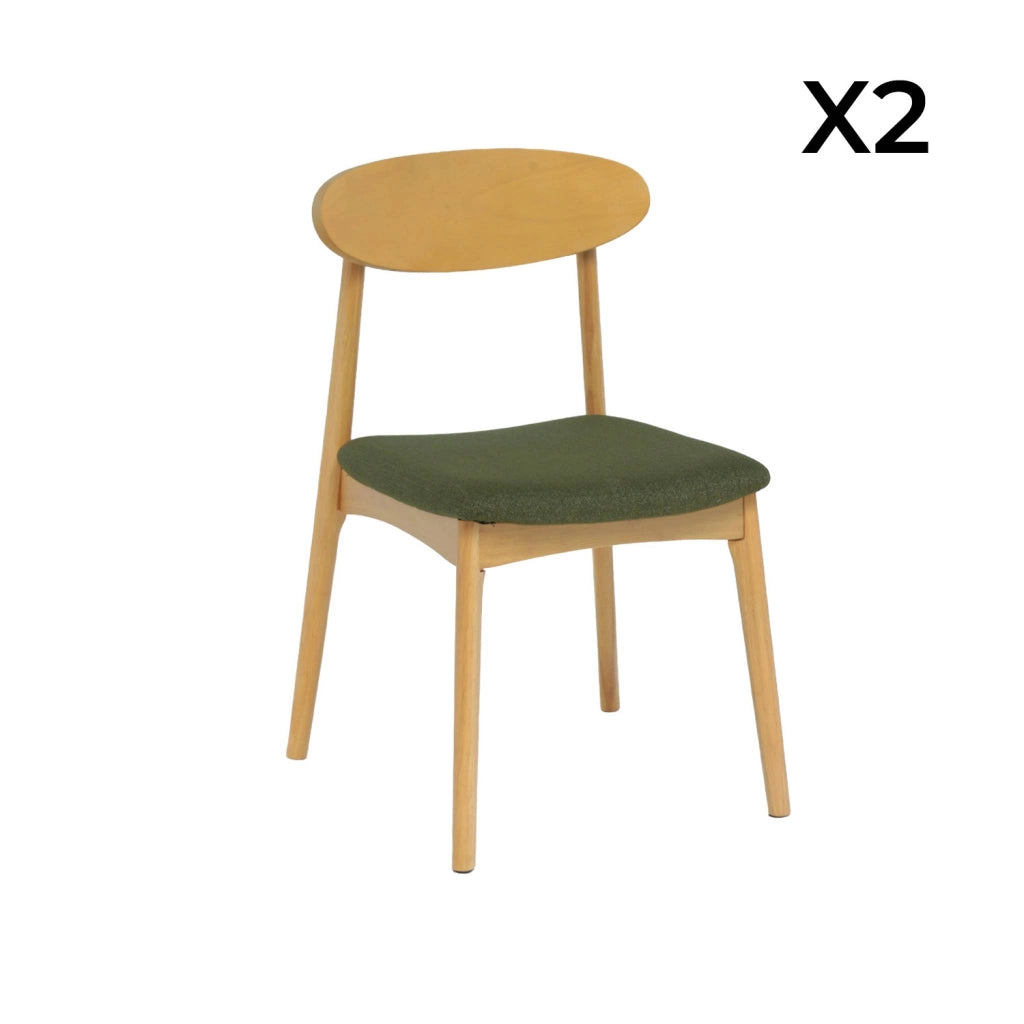 Set 2 sedie vintage in legno di hevea naturale e tessuto, verde kaki