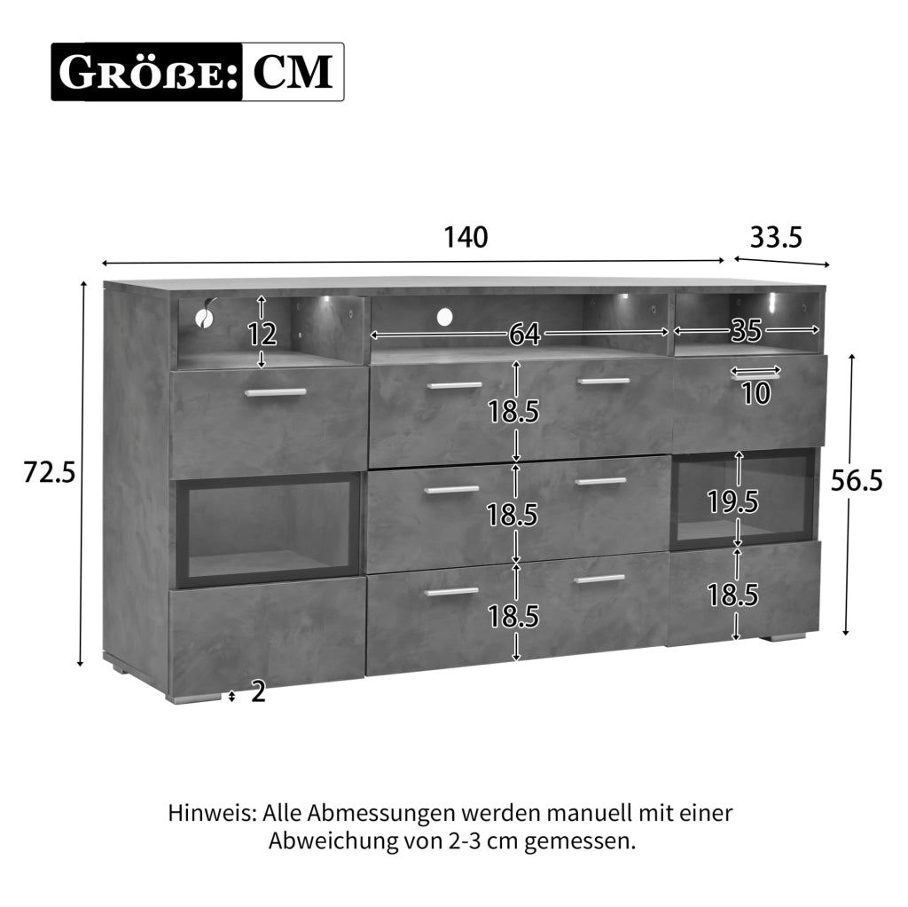Sideboard grigio 140 cm con LED; 2 ante in acrilico; 3 cassetti e 3 vani aperti