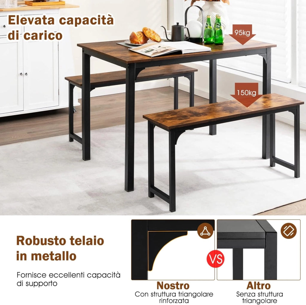 Set 3 Pezzi Tavolo e Panche da Cucina, Set Tavolo da Pranzo 110 cm e 2 Panche per 2-4 Persone con Struttura in Metallo Antiruggine, Set Tavolo e Sedie da Cucina Sala da Pranzo Birreria