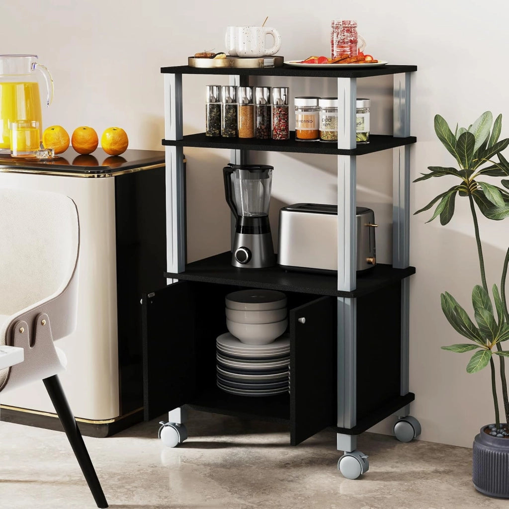 Carrello da Cucina a 3 Livelli per Microonde, Carrello Portaoggetti con Ruote e Armadio con Porta, Carrello di Servizio in Legno, Organizer per Sala da Pranzo, 60 x 40 x 98 cm (Nero)