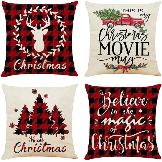 Set di cuscini decorativi 50x50 - Insieme da 4 - Tela di Natale con cervo