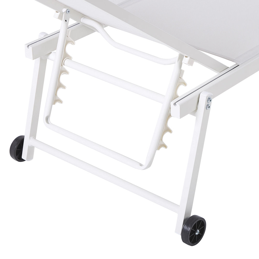 Lettino prendisole da giardino Sedile sintetico bianco Struttura in alluminio 198 x 61 cm Schienale reclinabile regolabile con ruote Patio