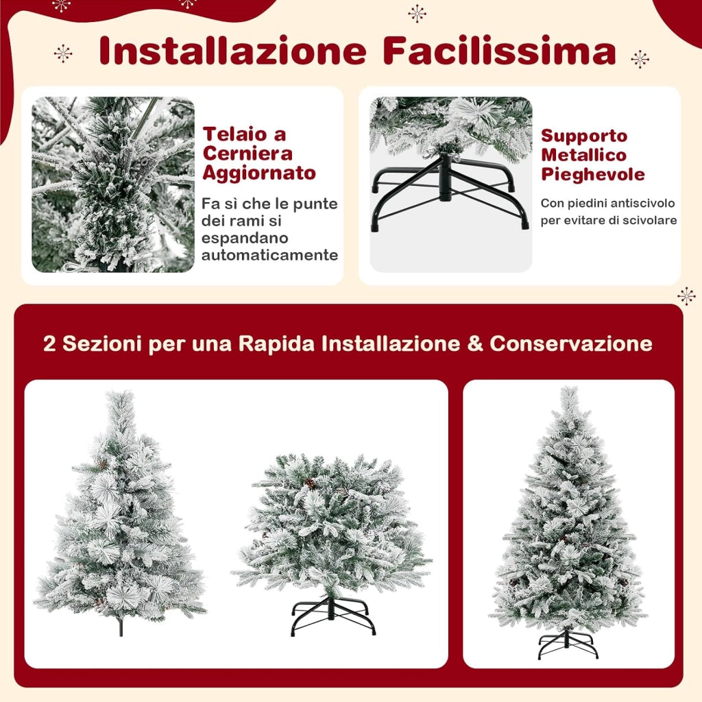 Albero di Natale Innevato 136/180/210 cm, Albero di Natale con 160/240/320 Luci LED, 472/850/1270 Rami di PE e PVC, 26/34/40 Pigne, Aghi di Pino e 8 Modalità di Illuminazione (136 CM)