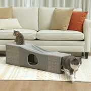 Tiragraffi per gatti con tunnel e due cucce interne in peluche, design combinato in poliestere marrone 98 × 30 × 30 cm