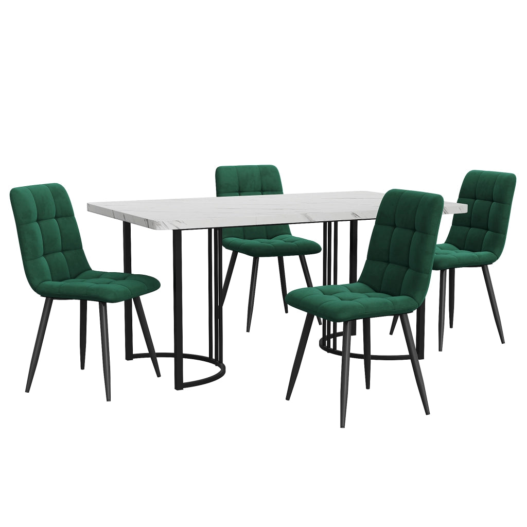 Tavolo da Pranzo con 4 Sedie ¨C Xylo ¨C Piano MDF Bianco, Gambe Metallo Nero, Velluto Verde, 140x80 cm