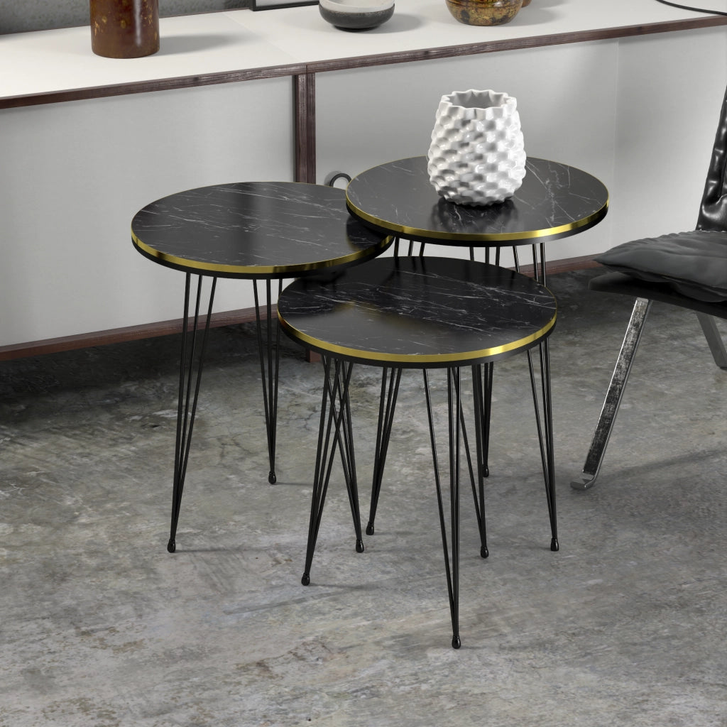 Set 'Ryslinge' di 3 Tavolini da Salotto Tavolini Bassi a Treppiede in Altezze Diverse Gambe a Forcina e Piani Rotondi Ø 36 cm - Marmo Nero / Oro [en.casa]