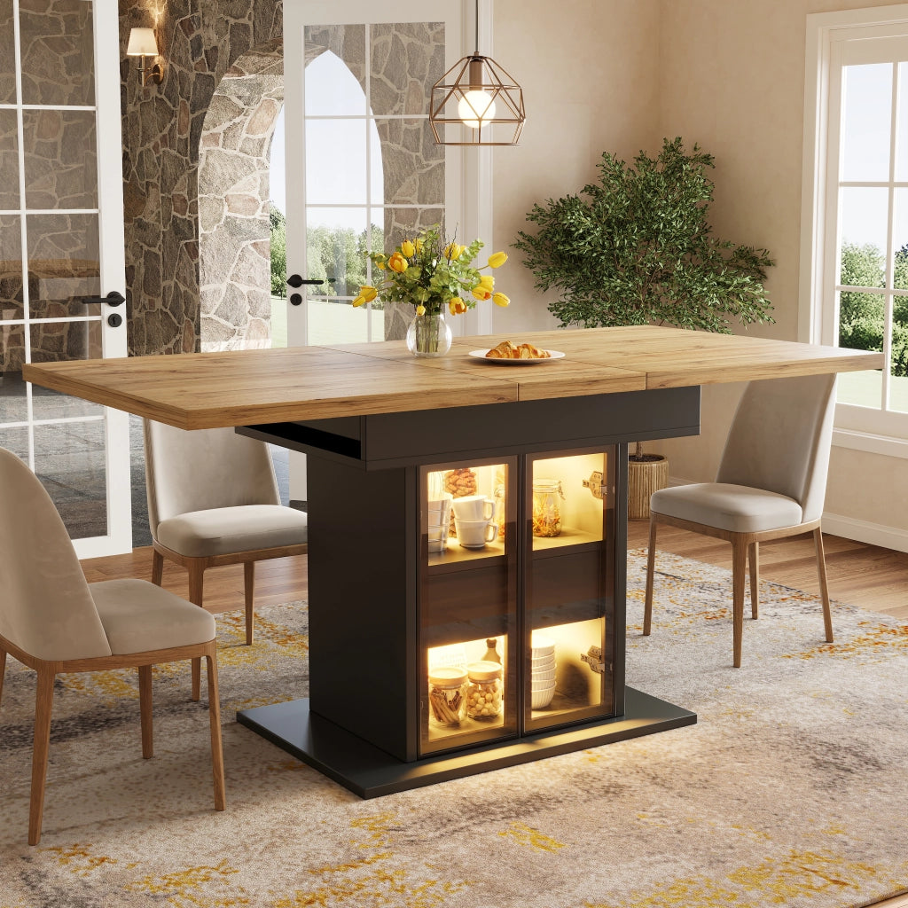 Tavolo da pranzo allungabile con 2 cassetti ripiani regolabili ante in vetro e LED RGB per cucina e sala da pranzo nero