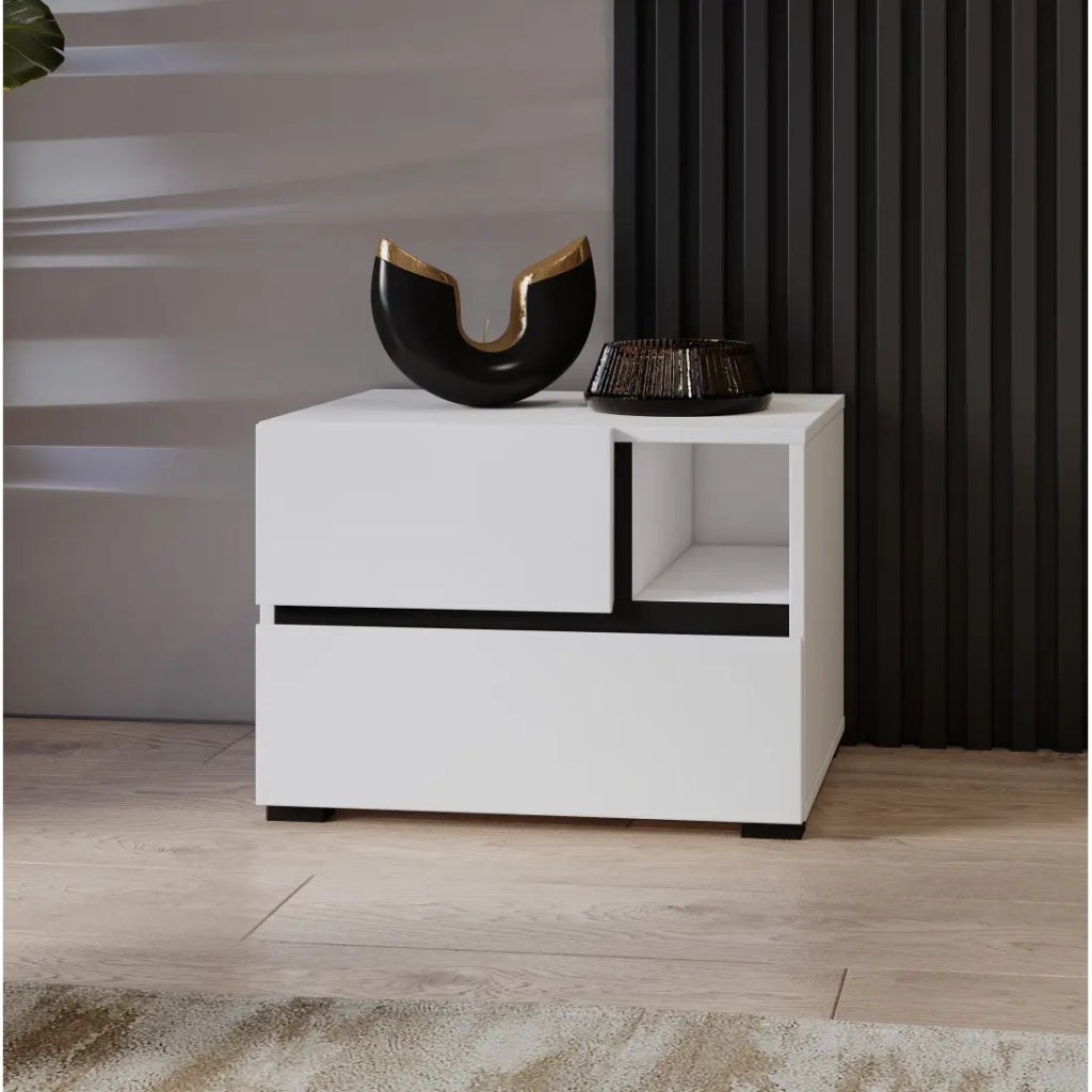 Tavolino da notte HAVANA bianco e nero – 2 cassetti e 1 vano – Design contemporaneo e funzionale