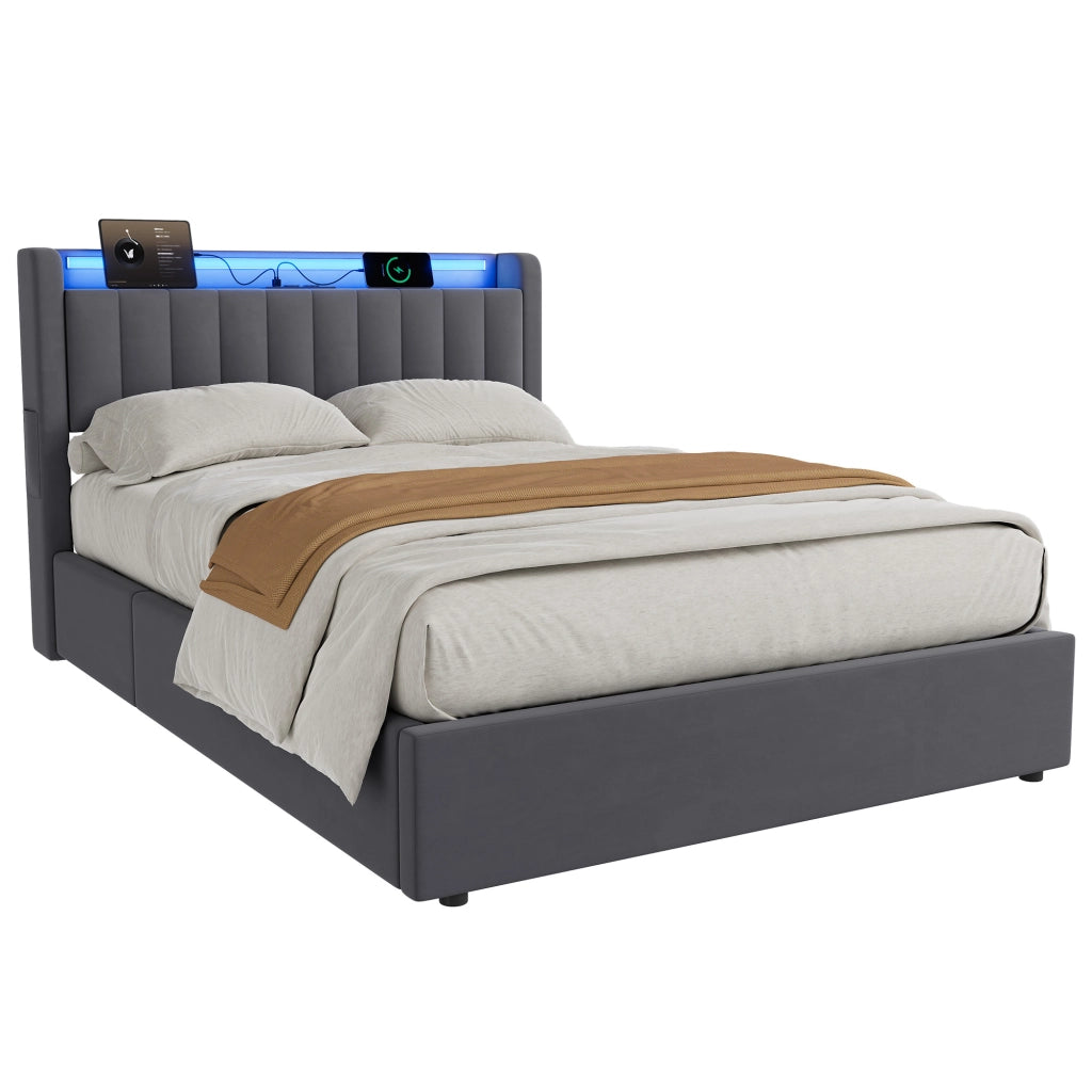LETTO Imbottito 140 x 190 cm Grigio Scuro con Contenitore, USB e LED
