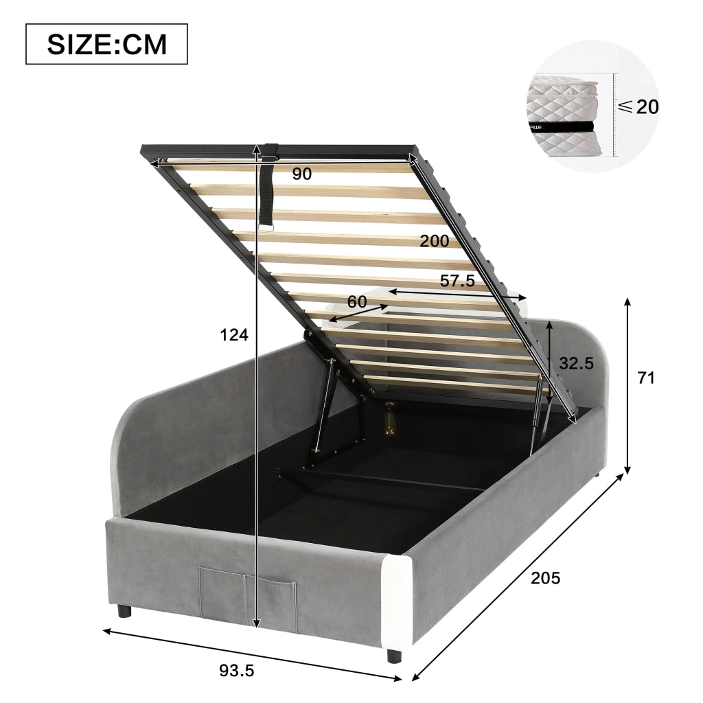 OKWISH Letto Combinato 90×200 cm ×2, Letto Doppio per Bambini con Vano Contenitore Idraulico, Tasca Portaoggetti e Spondina Imbottita, senza Materasso, Grigio
