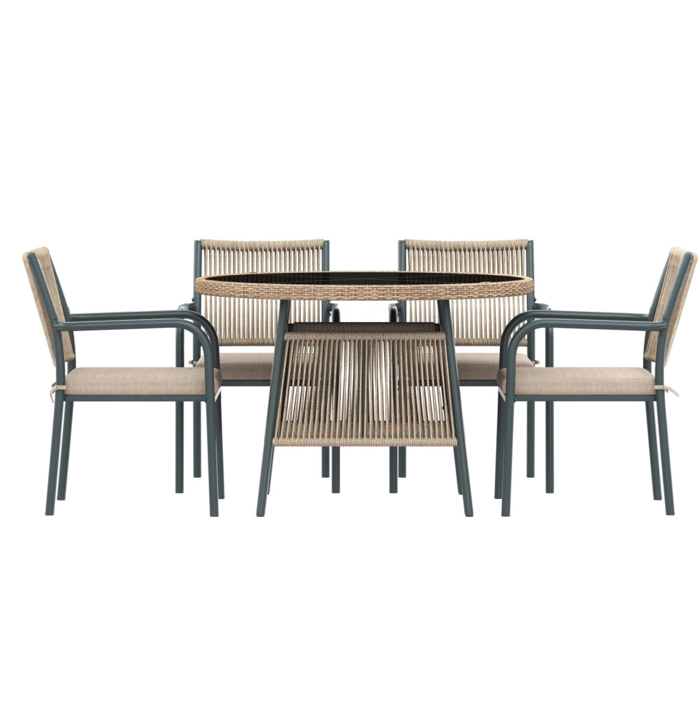 Set da giardino 5 pezzi con tavolo rotondo in vetro temperato; sedie con braccioli; grigio