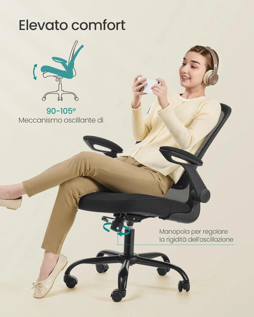 SONGMICS Sedia da Ufficio Girevole, Sedia di Rete da Computer Ergonomica, Supporto Lombare, Oscillante, Seduta 53 cm, Braccioli Pieghevoli, Nero OBN37BK