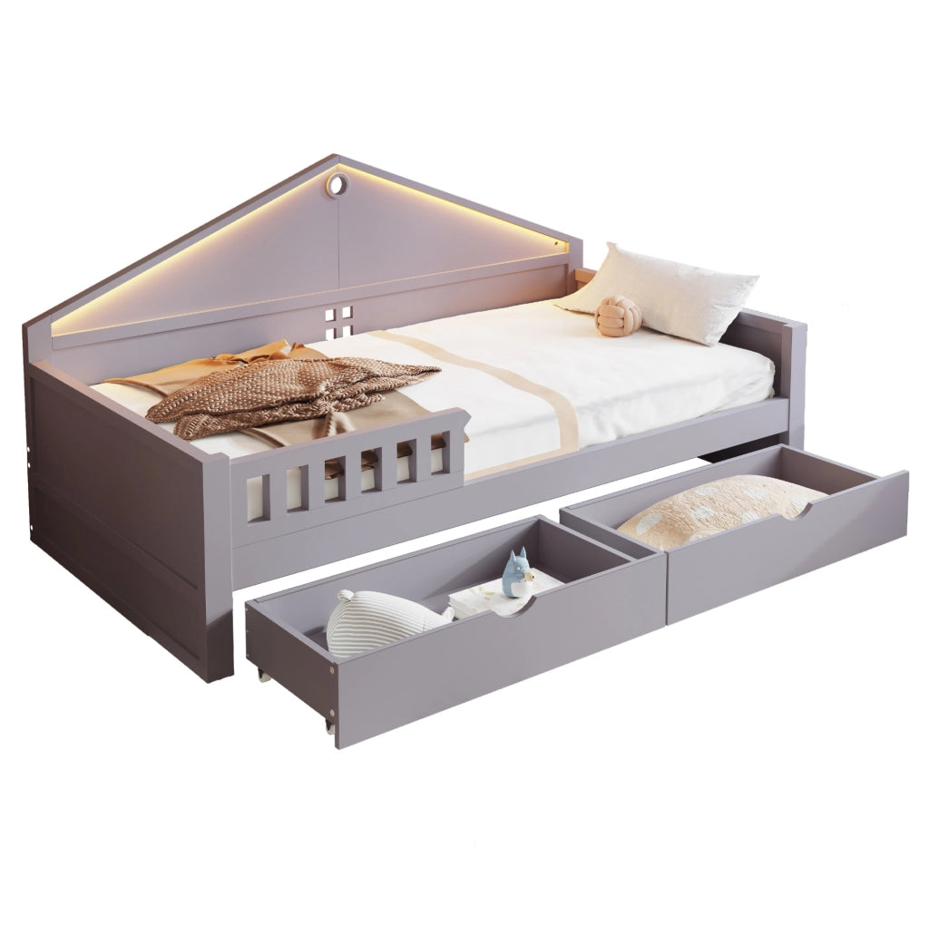Letto singolo ULEVR 90x200 cm con LED controllabile da smartphone e 2 cassetti, grigio