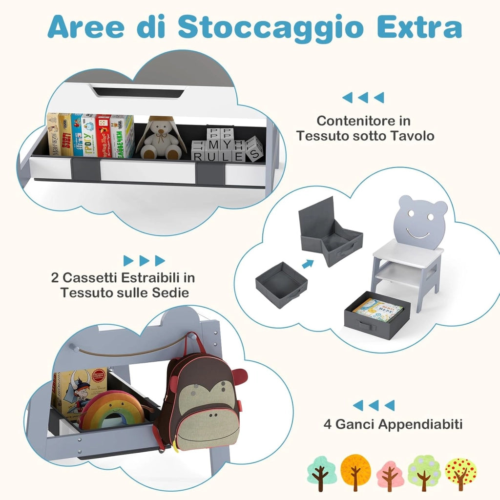Set Tavolo e 2 Sedie per Bambini, 5 in 1 Tavolino e Sedie con 4 Ganci, 3 Scatole in Tessuto e Lavagna Reversibile per Bambini 3+ Anni per Cameretta Ragazzi (Grigio, Stile 5)