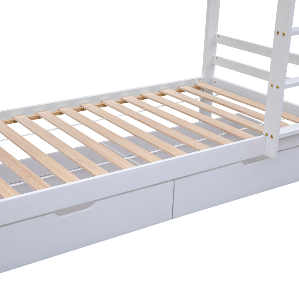 Letto a castello 90x200 cm bianco con cassetti, mensole e scala in pino