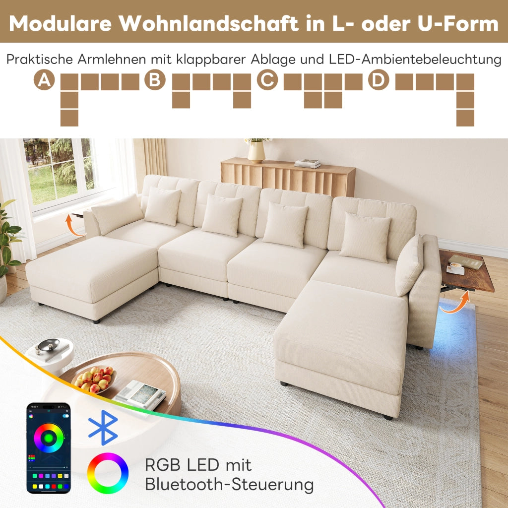 Divano angolare modulare a U e L con luci LED tavolino ribaltabile e tessuto chenille beige 292 × 135 × 82 cm