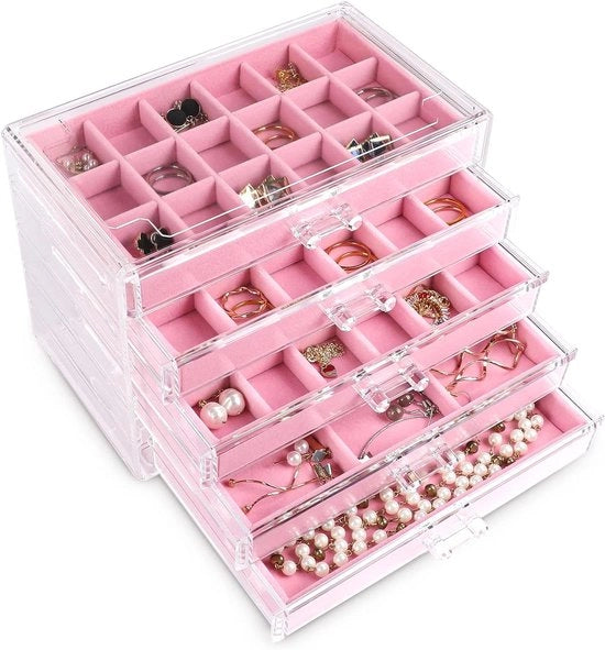 Organizzatore di gioielli in acrilico con 5 cassettoni - Porta orecchini, anelli e bracciali - Rosa