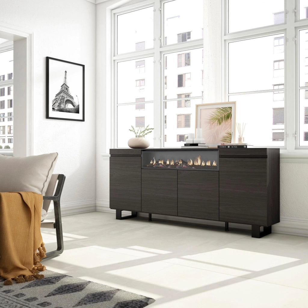 Credenza, Mobile, 200x35x87cm, 4 Porte, Camino elettrico, Design industriale, Nero RF2295