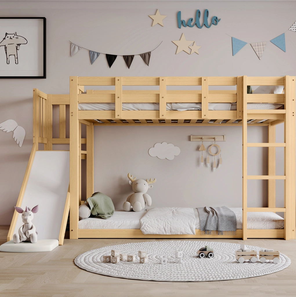 Letto a castello 90x200 cm con scivolo; tenda e scala in MDF e pino naturale