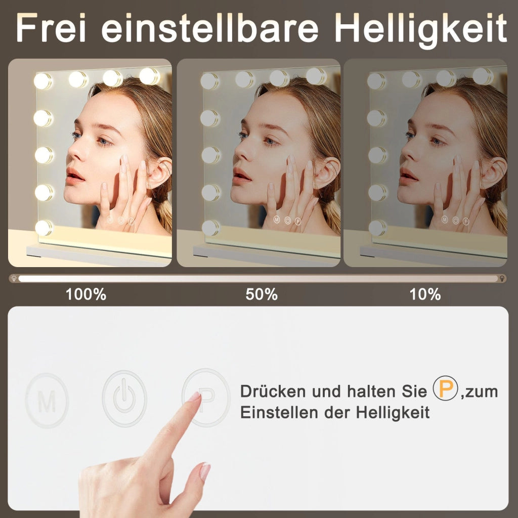 ZMH Specchietto da Trucco Hollywood con Luci LED 14 Diodi USB 50x40 cm 3 Modalità Touch Dimmabile Specchio da Toeletta