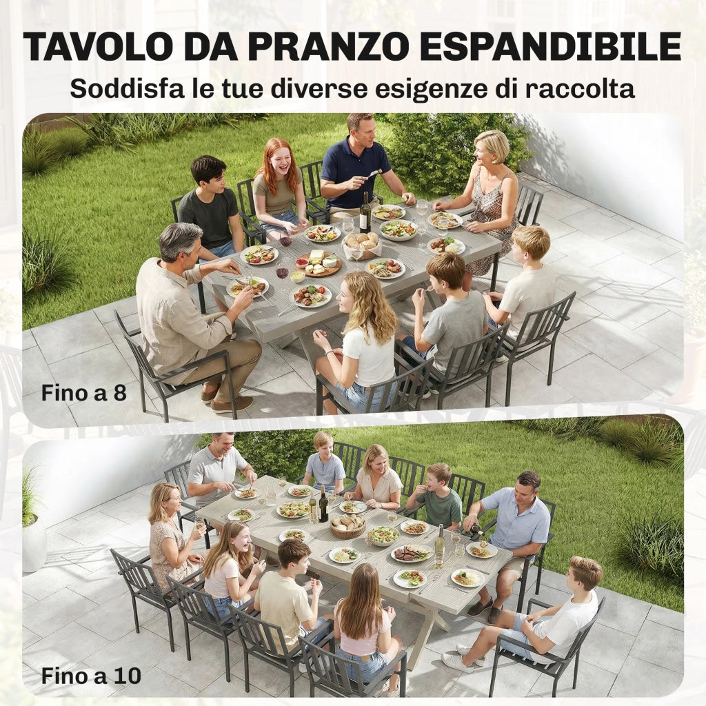 Tavolo da Giardino Allungabile 154-214x85x73 cm per 8-10 Persone in Alluminio e Acciaio Grigio