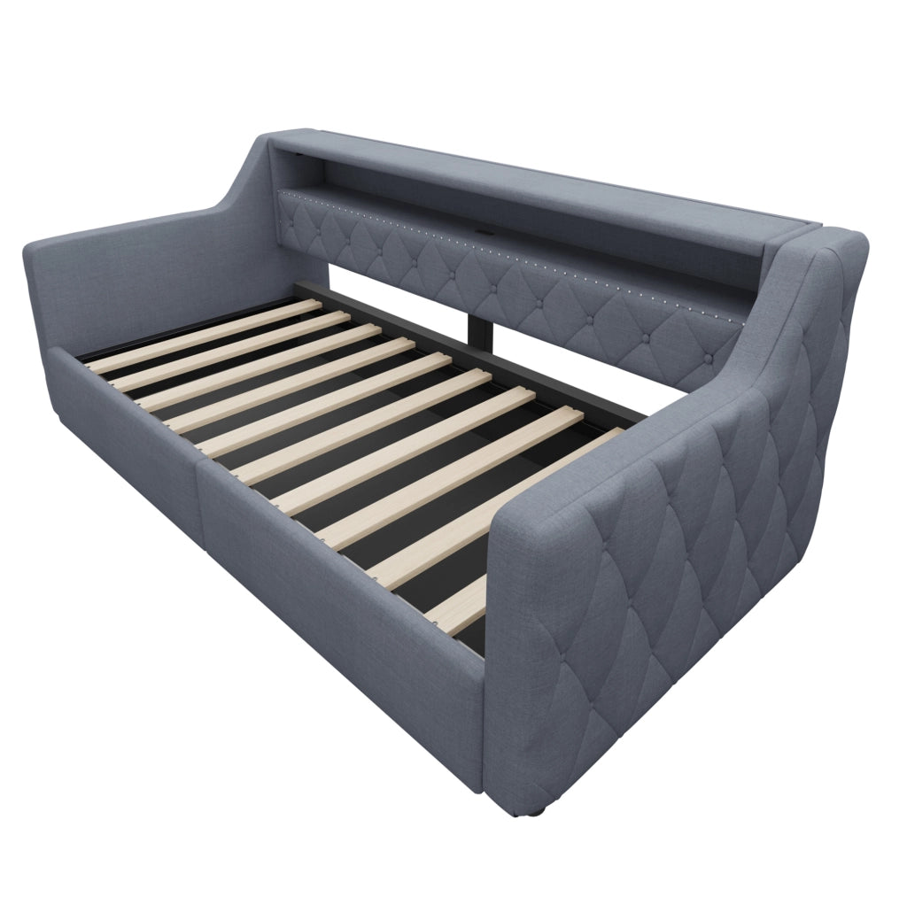 Letto daybed 90x200 cm con LED multicolore; contenitore idraulico; USB e USB-C; in lino grigio