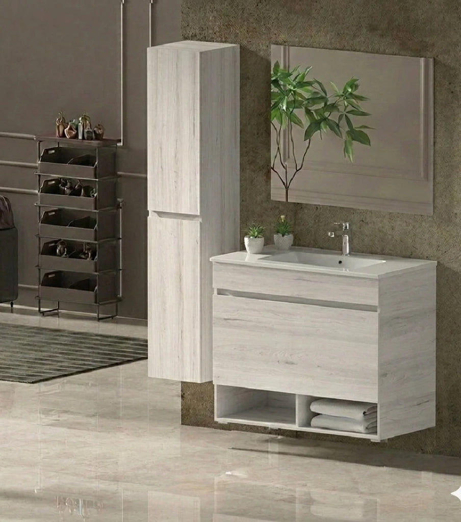 Mobile Bagno NEBARI Già Montato 1 cassetto, lavabo e specchio Bianco nordico 80x40 cm con colonna