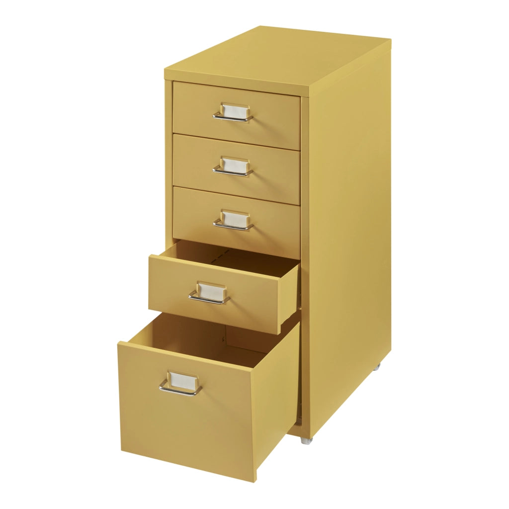 Cassettiera Kökar in Acciaio Mobile Archivio con 5 Cassetti e Rotelle - Giallo [en.casa]