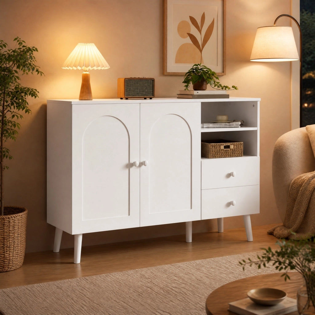 Credenza sideboard bianca con ante curve, 2 cassetti, vani a giorno e gambe in legno