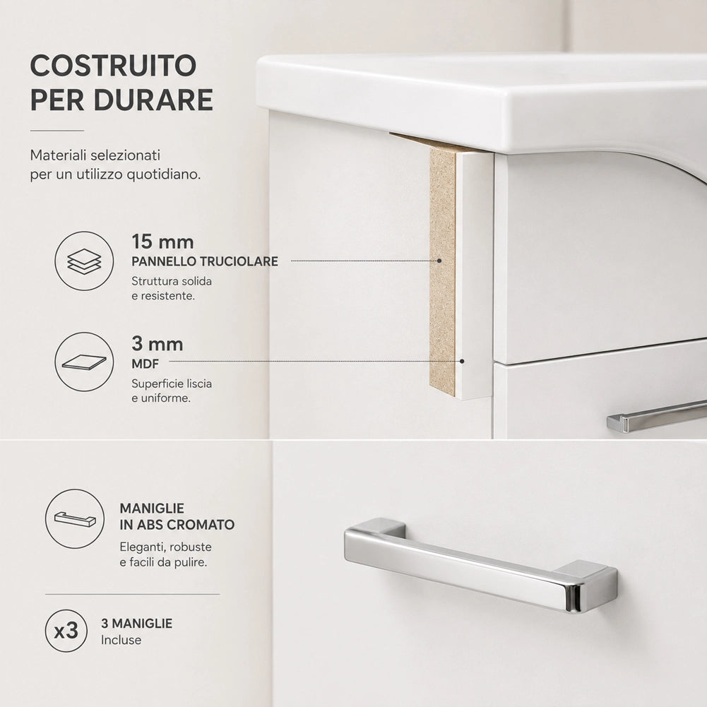 Set Completo Mobile da Bagno da Terra 85 cm Tre Ante Bianco Specchio e Accessori