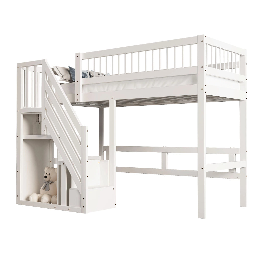 Letto singolo in legno bianco con scala contenitiva 90x200 cm