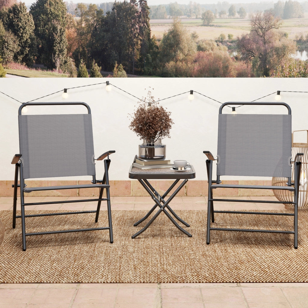 Set da Giardino con Tavolo con Piano in Vetro e 2 Sedie Pieghevoli con Schienale Regolabile, Grigio