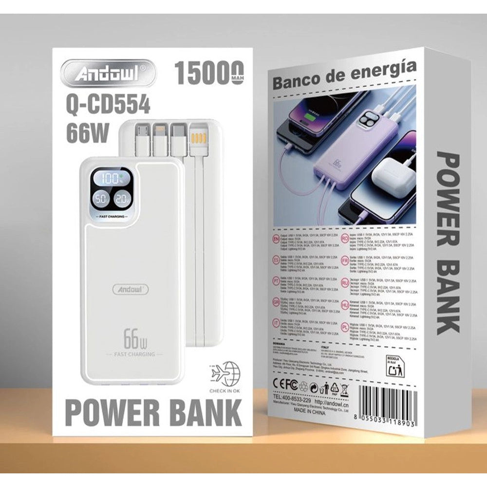 Trade Shop - Power Bank A Ricarica Rapida 15000mah 66w Con Display Led Digitale 4 Cavi Integrati Q-cd554 -