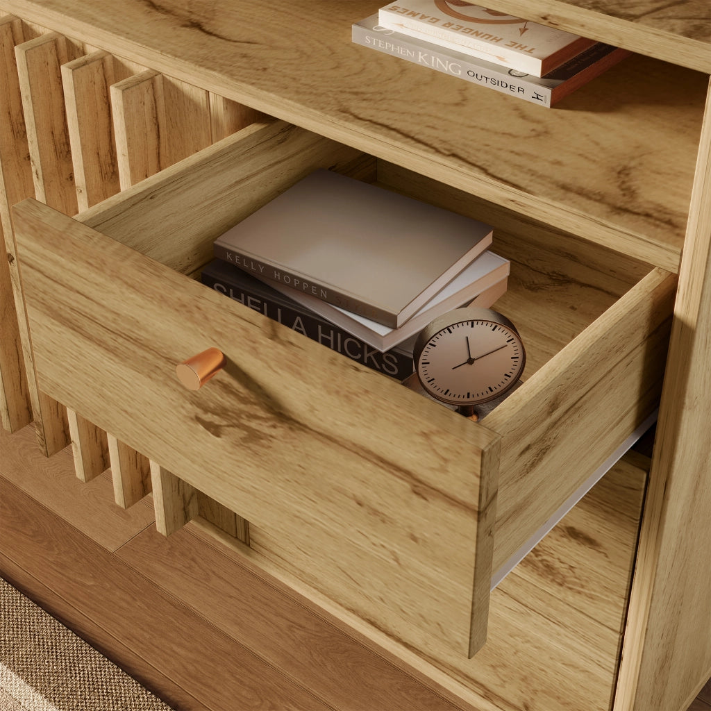OKWISH Credenza Vintage con 2 Ante 3 Cassetti e Vano Aperto Ripiano Regolabile per Soggiorno Ingresso 120 x 40 x 85 cm