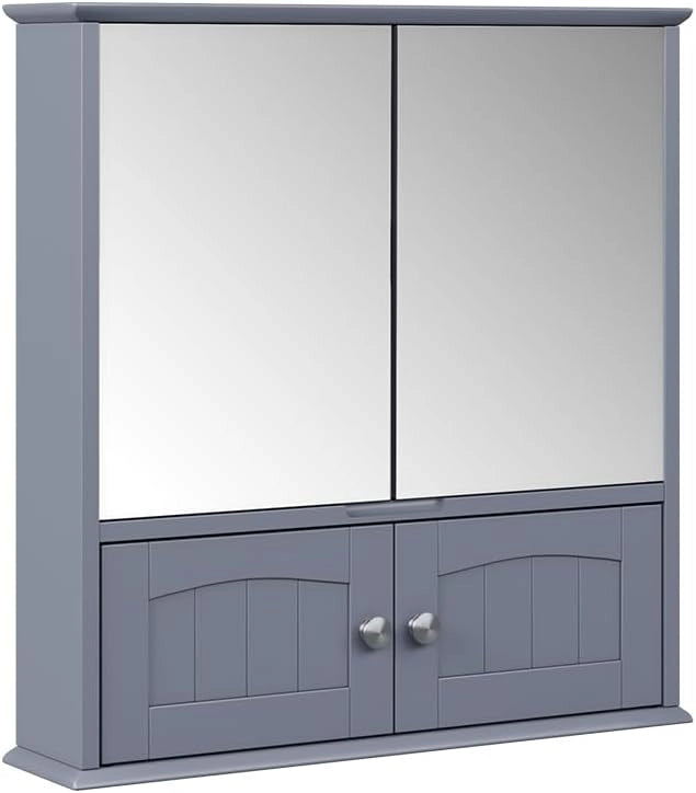 Specchio contenitore bagno Bianco, Grigio, 56 x 58 cm, per montaggio a parete con ripiano interno regolabile in altezza