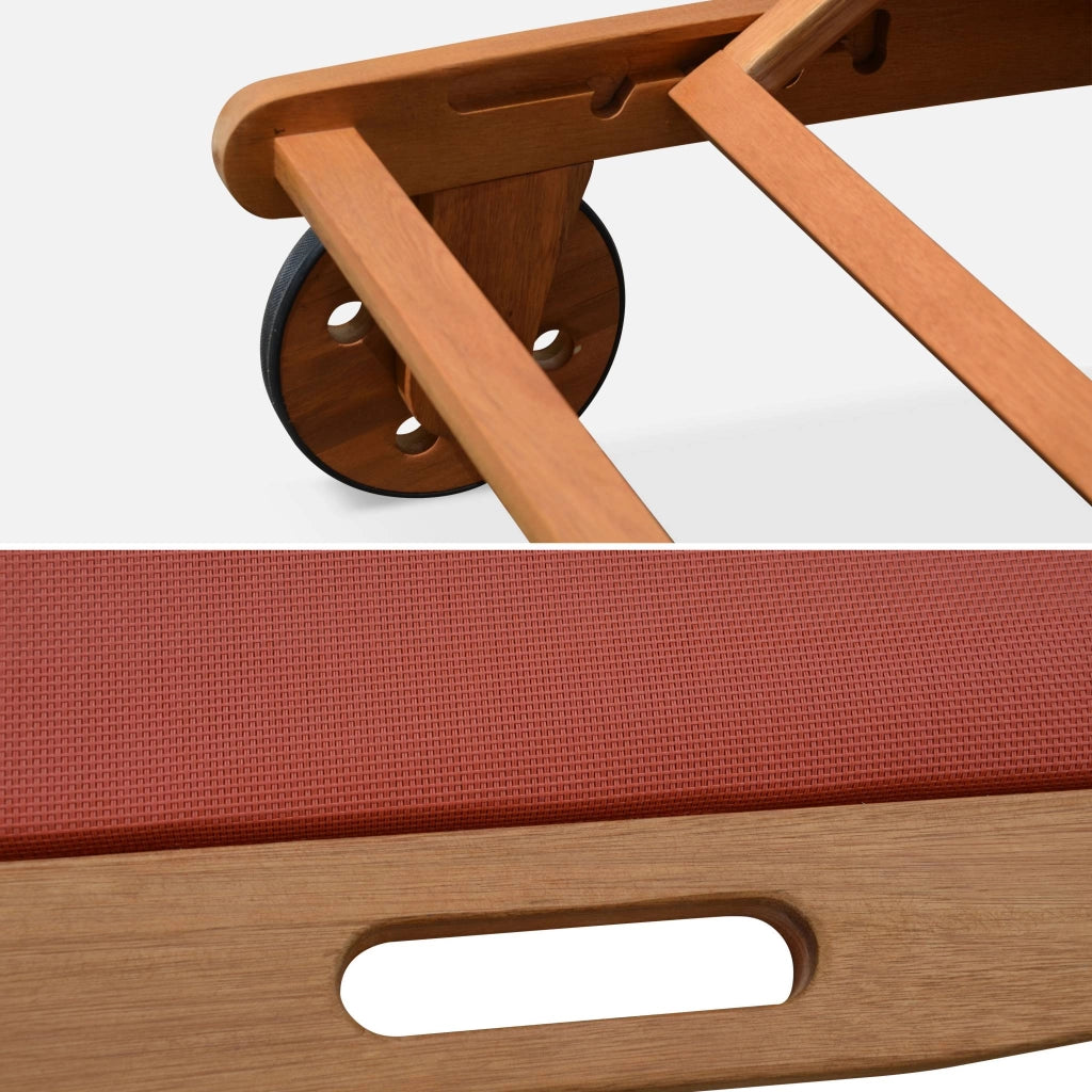 Set 2 lettini prendisole in legno multiposizione con ruote, terracotta
