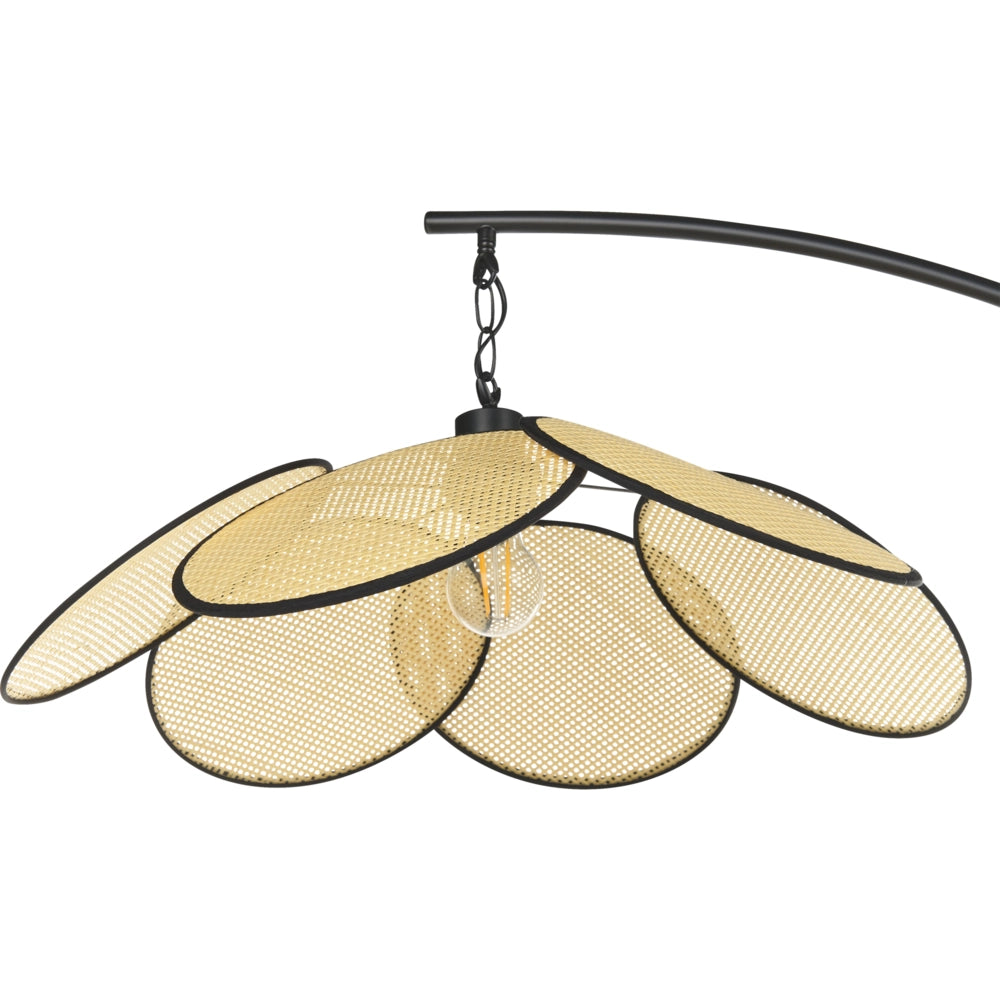 Lampada da terra ad arco in metallo nero con paralume in carta effetto rattan