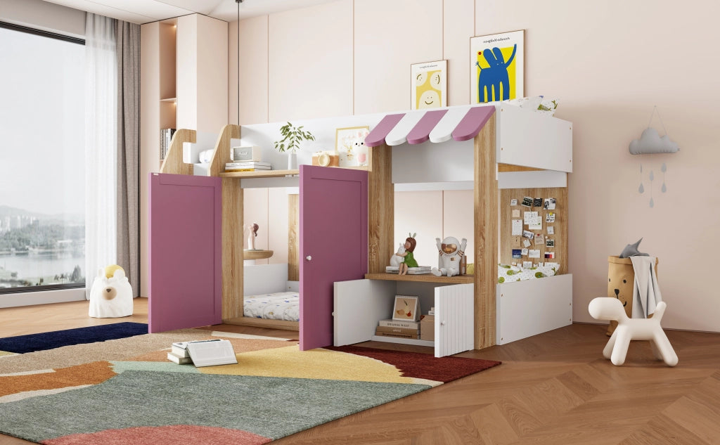 DESMIU Letto a soppalco per bambini 1 posto con scala, contenitori e ripiani, 90 × 200 cm, senza materasso, rosa e bianco