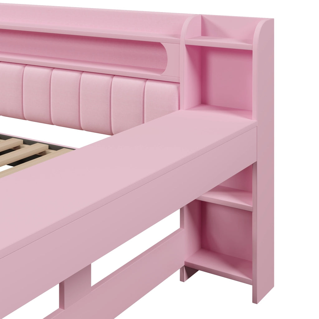 OKWISH Letto Divano 140 x 200 cm, Letto Matrimoniale con 2 Cassetti, USB, LED e Scrivania, senza Materasso, Rosa