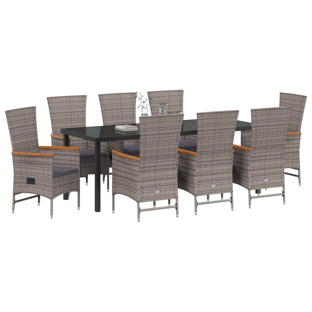 Set da Pranzo da Giardino 9 Posti con Cuscini Grigio Rattan Poliestere