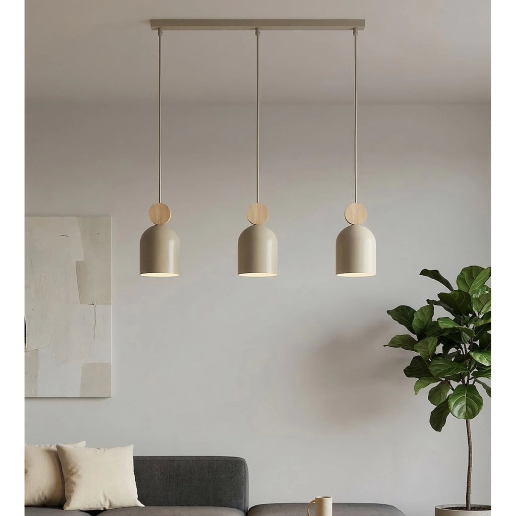 Lampada a sospensione Mesi in acciaio beige e legno