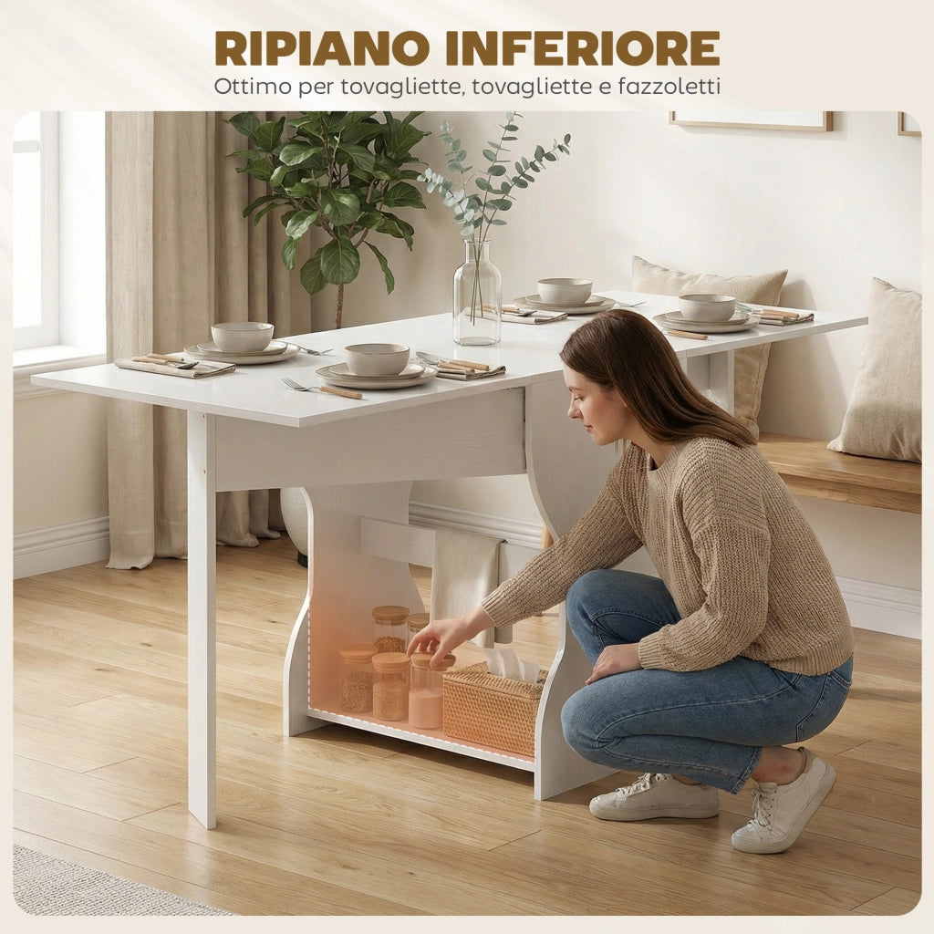 Tavolo da Pranzo Pieghevole per 4 Persone con Ripiano, in Legno, 160x60x75 cm, Bianco