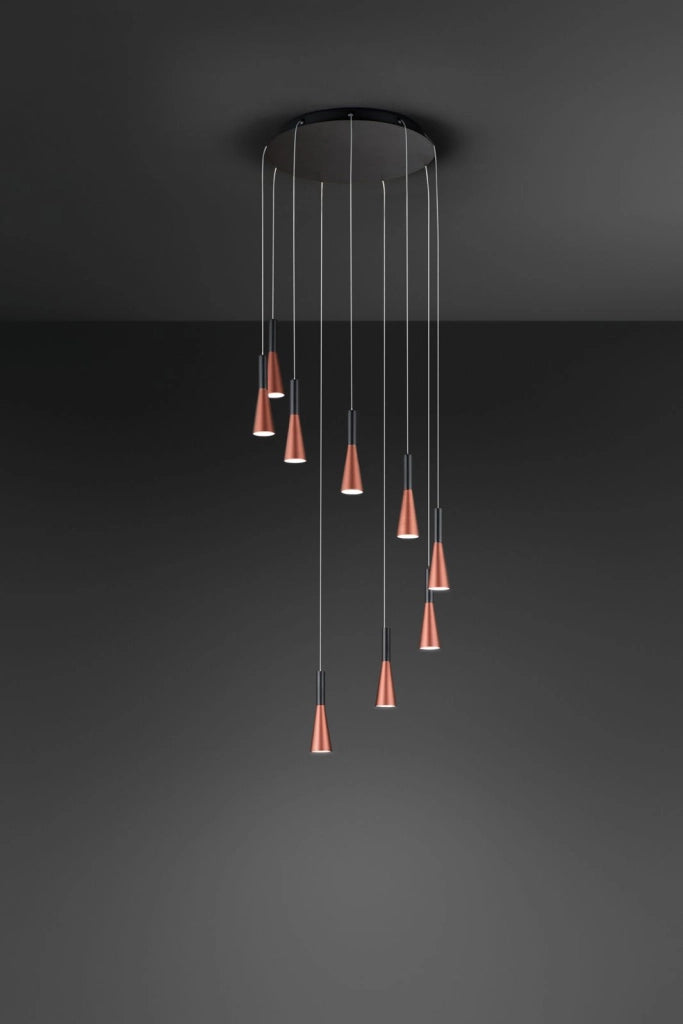 Sospensione in alluminio colore nero  9 luci Cone LED 63W 3000K CRI?80 220-240V 50/60Hz 3600Lm