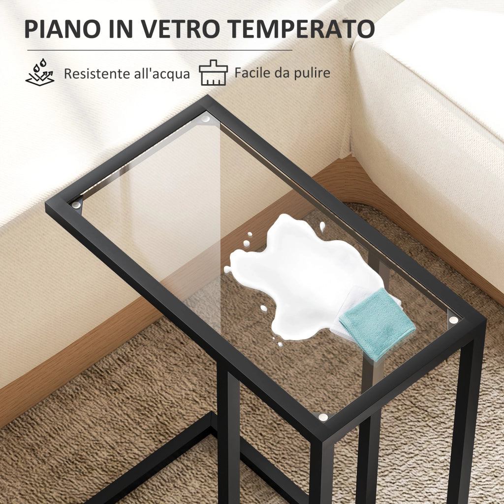 Tavolino da Salotto a Forma di C 46x25x63,5 cm in Vetro e Acciaio Nero